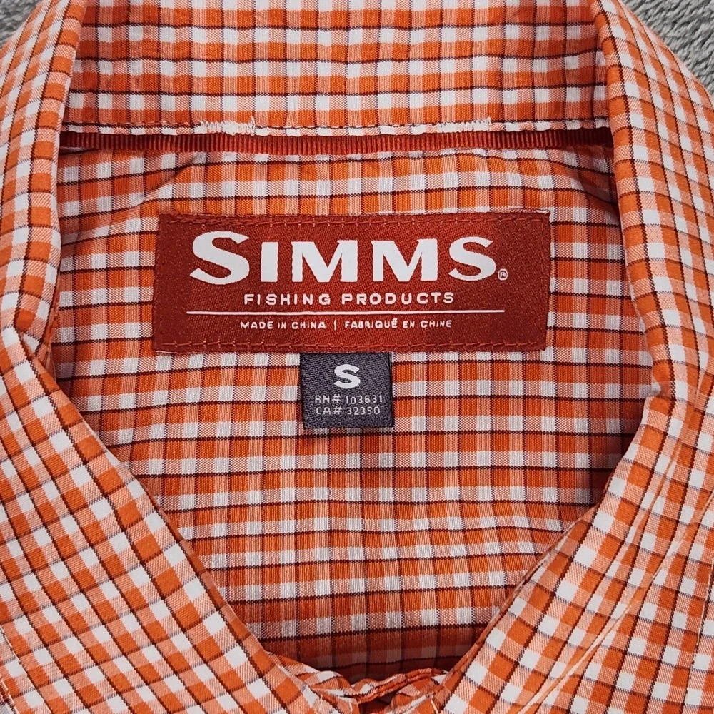 Simms Shirt Mens Small Orange Check Long Sleeve Button Up Fishing Outdoor Casual